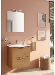 Mobile Bagno Sospeso 60 Cm Due Cassetti Specchio Con Lampada Led 62x58,5 Cm Vitra "Mia" Golden Oak