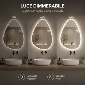 Specchio a Goccia 60x70 cm LED a 3 Colori Dimmerabile Accensione Touch...