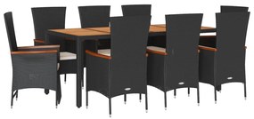 Set da pranzo da giardino 9 pz con cuscini nero in polyrattan