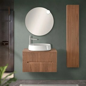 Mobile bagno sospeso 80 cm noce canaletto cannettato con top e specchio Bali
