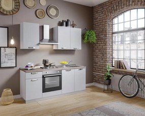 Cucina montata Dora bianco spatolato, lavello a destra, L 195 cm, completa di: cappa a camino, piano cottura a gas e forno