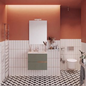 Mobile bagno Eva 60 cm, completo di lavabo in ceramica e specchio a filo con Led, 2 cassetti rovere naturale e verde salvia cannettato.