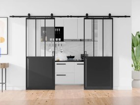 Porte scorrevole doppia atelier esterno muro 2 x H205 x L93 cm Nero e Vetro temperato - ARTISTO II
