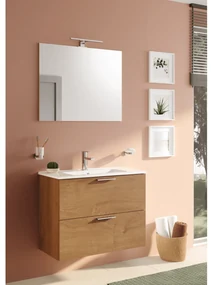 Mobile Bagno Sospeso 80 Cm Due Cassetti Specchio Con Illuminazione Led Vitra "Mia" Golden Oak