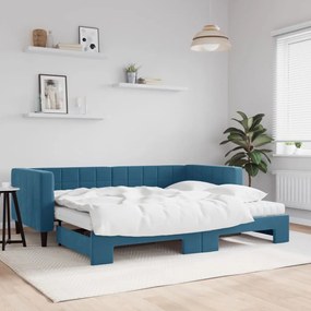 Divano letto estraibile con materassi blu 90x200 cm velluto