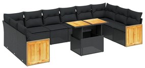Set divani da giardino 11 pz con cuscini in polyrattan nero
