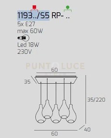 Sosp. bianco 5 luci rettangolare vetri piccoli bronzo 1193bi-s5 rp-br