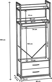 Armadio in metallo nero 80x37 cm doppio cassetto ripiani legno e appendiabiti