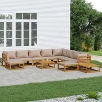 Set Salotto da Giardino 12pz con Cuscini Tortora Legno Massello 3155264