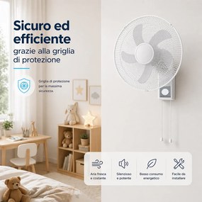 Ventilatore da Muro Ø43 cm 65W Raffrescatore Silenzioso 3 Velocità a Parete Bianco...