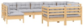 Set divani da giardino 9 pz con cuscini grigi massello di pino
