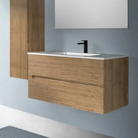 Mobile bagno sospeso 100 rovere cannettato 2 cassetti lavabo e specchio Rigo
