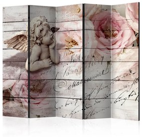 Paravento separè Angelo e tranquillità II (5 parti) - scultura e fiori rosa