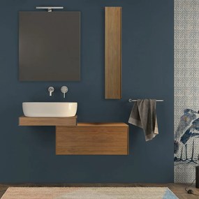 Mensolone per bagno rovere tabacco 60 cm con specchio filo lucido, pensile da 100 cm e cassettone da 75 cm