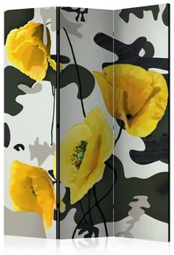 Paravento separè Appena dipinto (3 parti) - papaveri gialli in bianco e nero