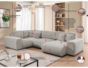 Divano angolare grigio chiaro (con penisola a sinistra/a U) rivestito in velluto a coste Justin – Ropez