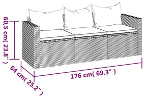 Divano da Giardino a 3 Posti con Cuscini in Polyrattan Grigio