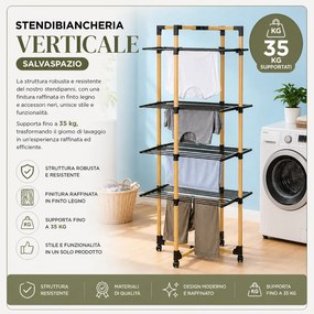 Stendibiancheria a Torre Verticale a 4 Livelli 69x69x175 cm Pieghevole con Ruote Nero e Legno...