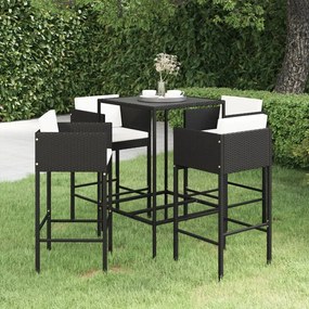 Set bar da giardino 5 pz con cuscini in polyrattan nero