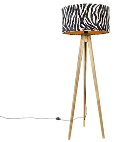 Lampada da terra vintage in legno con paralume zebra design 50 cm - Tripod Classic
