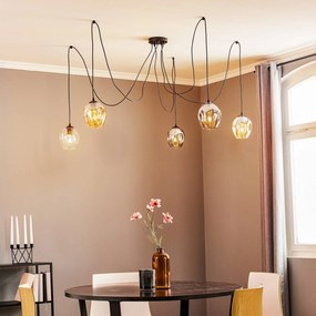 EMIBIG LIGHTING Lampada a sospensione Starla, vetro grafite/ambra/trasparente, a 5 luci,