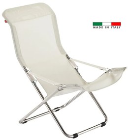 Sedia a sdraio da giardino in alluminio con braccioli pieghevole Comfort FIAM, seduta in textilene beige e bianco