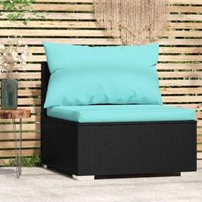 Divano centrale da giardino con cuscini in polyrattan nero