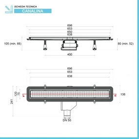 Canalina doccia a pavimento 65 cm con cover acciaio inox cromato e scarico incluso