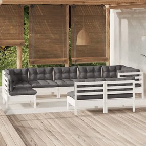 Set Divani da Giardino 9 pz con Cuscini Bianchi Legno di Pino