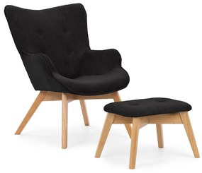 Poltrona con poggiapiedi nera con rivestimento in velluto a coste Niko – Ropez