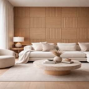 Set 12 Pannelli Decorativi 60x60 cm Motivo a Doghe in MDF e Feltro PET Rivestimento Murale Fonoassorbente Rovere...