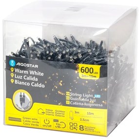 Aigostar - Catena LED natalizia da esterno 600xLED/8 funzioni 18m IP44 bianco caldo
