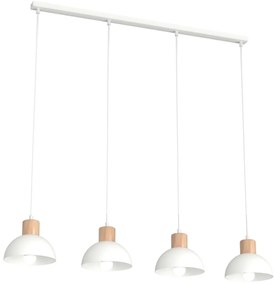 Sospensione Nordica 4 Luci Thoth In Acciaio Bianco A Cupola E Legno Naturale