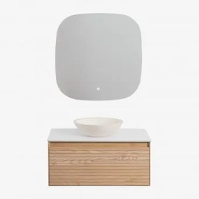 Set Di Mobili Da Bagno In Legno Di Frassino Tedrik Marrone Frassino & Redondo Cemento Blanco (ø40 Cm) Zavion & Cuadrado Led Y Antivaho (75x75 - Sklum