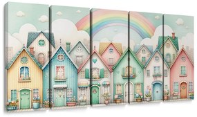 Quadri 5 pezzi – Vicolo colorato sotto il cielo arcobaleno