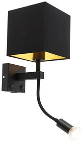 Applique moderna nera con USB e paralume nero quadrato - Zeno