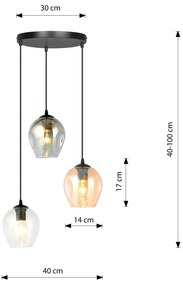 Lampadario a Sospensione in Acciaio e Vetro ISTAR 3 BL PREMIUM 3xE27 Colore delle Sfere Grafite, Trasparente, Ambrata