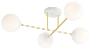 Plafoniera Moderna Magnium 4 Luci In Acciao Oro E Sfere In Vetro Bianco