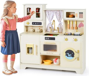 Costway Cucina giocattolo bambini legno 3+ anni fornelli rubinetto lavello caffè ghiaccio, Set gioco microonde 14 accessori