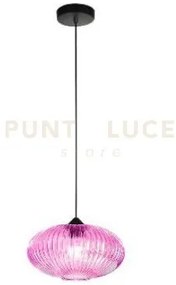 Sospensione 1 luce in vetro rigato rosa struttura ferro nero d.28