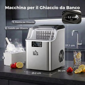 Macchina del Ghiaccio 3,2 Litri 24 Cubetti 299W in Acciaio Argento...
