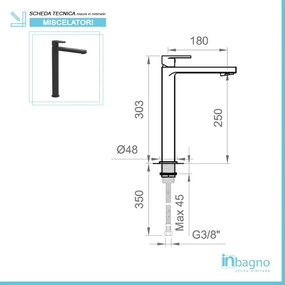 Miscelatore Nero Opaco per Lavabo con Canna Alta Senza Piletta click clack