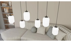 Lampadario 6 Luci Selene In Acciaio Nero E Vetri Plissettati Bianchi