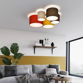 Lindby plafoniera Laurenz, a 5 luci, 93 cm, rosso/giallo, tessuto