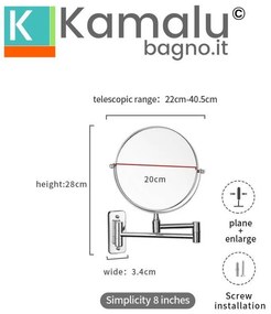 Kamalu - specchio ingranditore a doppio lato con braccio estendibile finitura nera|