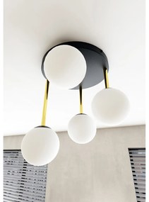 Plafoniera Contemporanea 4 Luci Teseo In Acciaio Nero Oro E Sfere Vetro Bianco