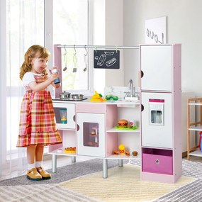 Costway Cucina e mercato per bambini 2 in 1, Cucina a doppia faccia con luci e suoni produttore di ghiaccio interattivo Rosa