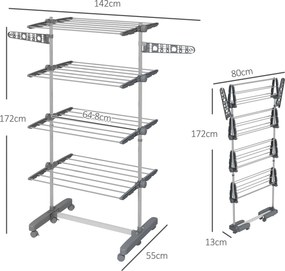 Stendino Verticale 4 Ripiani Regolabili 142x55x172 cm in Acciaio e Plastica Grigio e Argento...