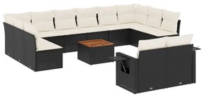 Set divani da giardino 13pz con cuscini nero in polyrattan