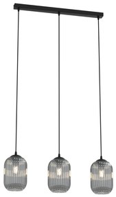 Lampadario 3 Luci Selene In Acciaio Nero E Vetri Plissettati Fumè